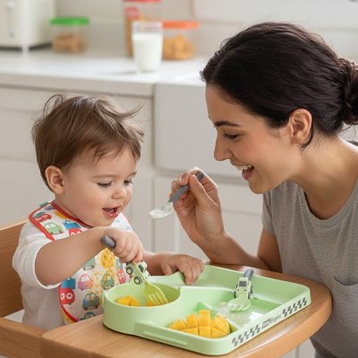 Assiette bebe littlebuilder vert avec maman