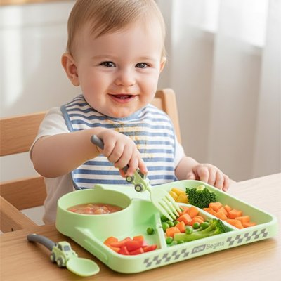 Assiette bebe littlebuilder vert repas