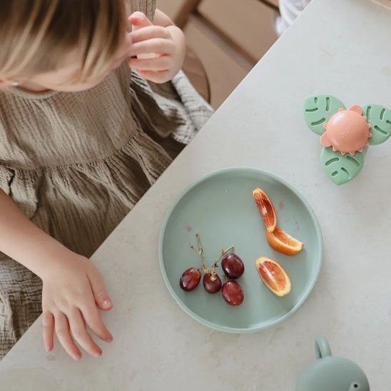 Assiette bebe roundyplate vert sur la table