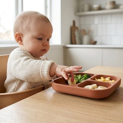 Assiette bébé ventouse les doigts dedans