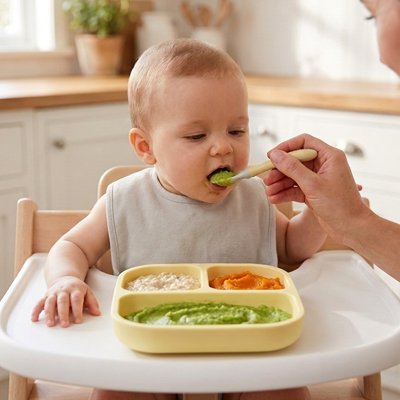 Assiette bébé ventouse maman donne la cuillérée