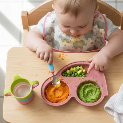 Assiette bébé ventouse rose avec bebe mangeant carrotes