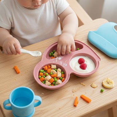 Assiette bébé ventouse rose avec bebe
