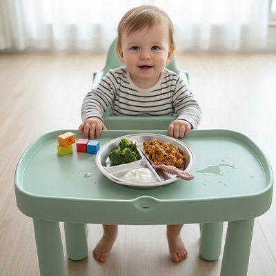 Assiette bébé ventouse sur une table verte