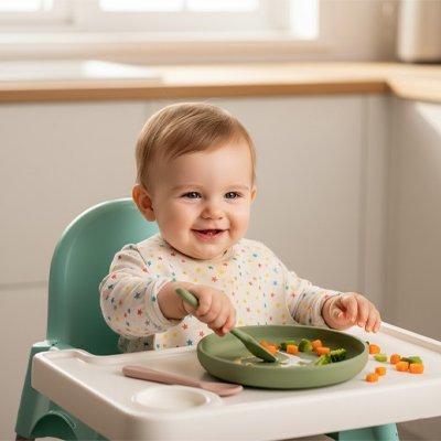 Assiette bebe vert avec son couvert à la main