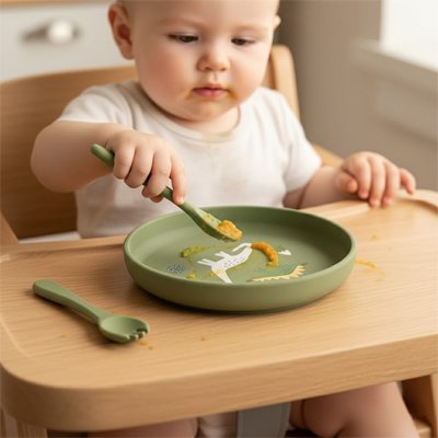 Assiette bebe vert devant son assiette