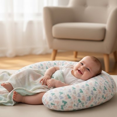Coussin d'allaitement lunéa bébé sourit au sol
